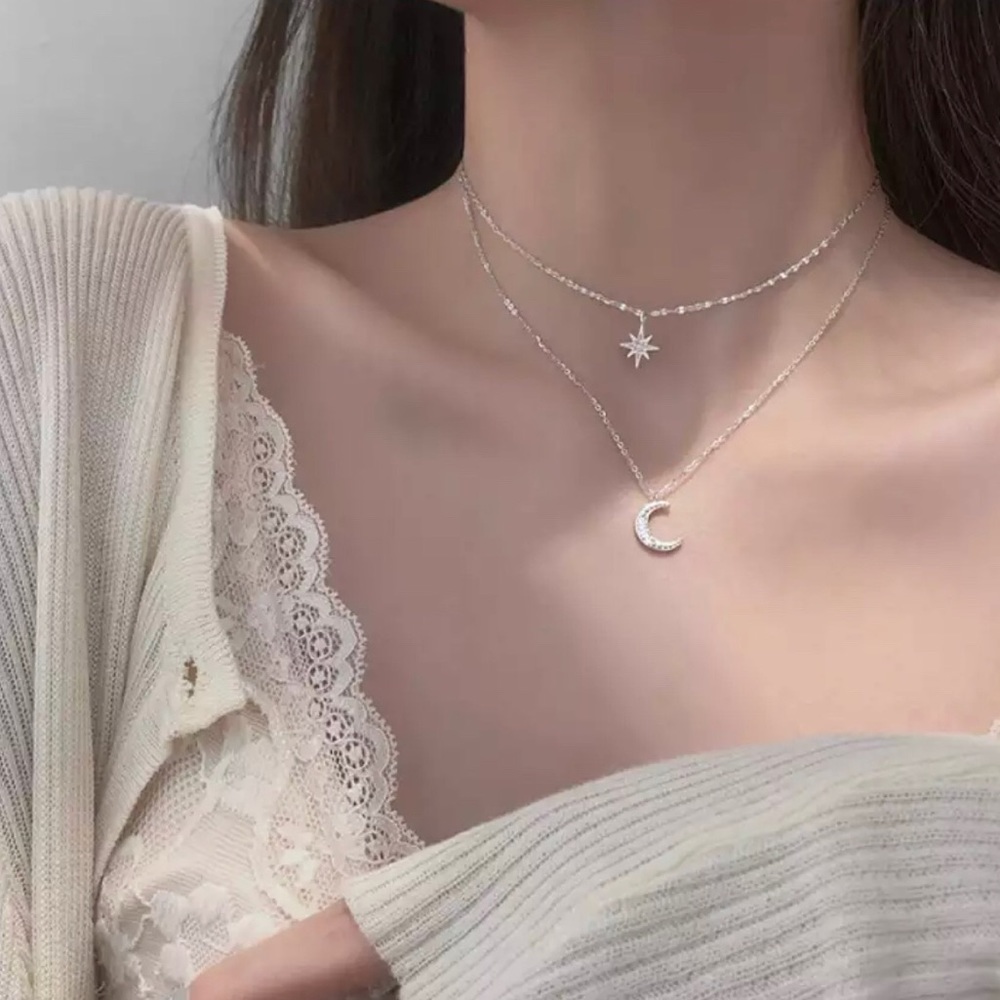 925 Sterling Silver Moon & Star Layered Necklace